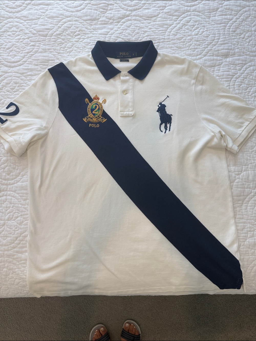 Polo by Ralph Lauren White Polo with Navy Diagonal Stripe and Crest